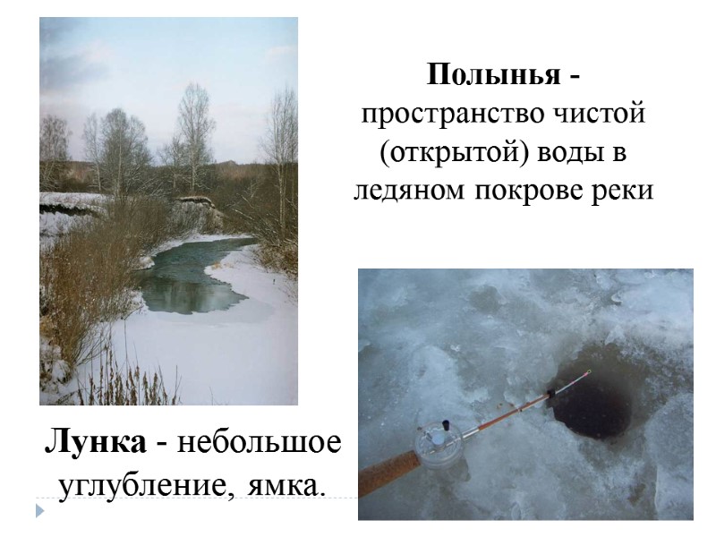 Полынья - пространство чистой (открытой) воды в ледяном покрове реки  Лунка - небольшое